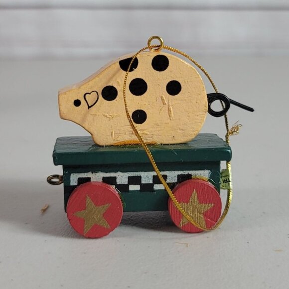 Christmas Pig Ornament 2" Wood Folk Art Farmhouse Rustic Cart Hanging - Picture 2 of 7